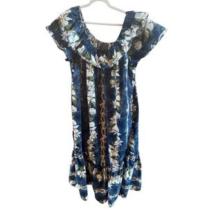 Vintage Jade Fashions Muumuu Luana  Blue Floral Midi‎ Dress 2X Ruffled Neckline